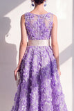 Blue A-Line Round Neck Embroidered Midi Dress with Bow