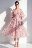 Blush Off the Shoulder A-Line Ruched Sequins Midi Dress with 3D Flowers
