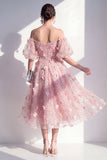 Blush Off the Shoulder A-Line Ruched Sequins Midi Dress with 3D Flowers