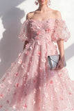 Blush Off the Shoulder A-Line Ruched Sequins Midi Dress with 3D Flowers