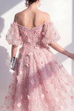 Blush Off the Shoulder A-Line Ruched Sequins Midi Dress with 3D Flowers