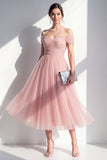 Blush A-Line Off the Shoulder Ruched Midi Dress