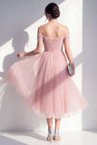 Blush A-Line Off the Shoulder Ruched Midi Dress