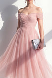Blush A-Line Off the Shoulder Ruched Midi Dress