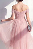 Blush A-Line Off the Shoulder Ruched Midi Dress