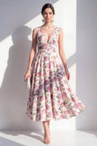 Blush A-Line V-Neck Ruched Midi Floral Dress