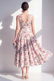 Blush A-Line V-Neck Ruched Midi Floral Dress