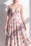 Blush A-Line V-Neck Ruched Midi Floral Dress