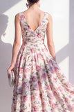Blush A-Line V-Neck Ruched Midi Floral Dress
