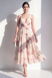 Blush A-Line Chiffon V-Neck Midi Floral Dress