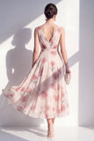 Blush A-Line Chiffon V-Neck Midi Floral Dress