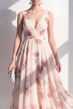 Blush A-Line Chiffon V-Neck Midi Floral Dress