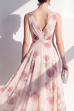 Blush A-Line Chiffon V-Neck Midi Floral Dress