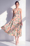 Halter Pink A-Line Printed Midi Floral Dress