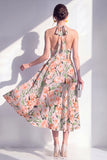 Halter Pink A-Line Printed Midi Floral Dress
