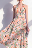 Halter Pink A-Line Printed Midi Floral Dress