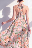 Halter Pink A-Line Printed Midi Floral Dress