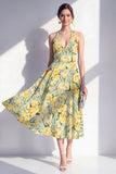 Halter Pink A-Line Printed Midi Floral Dress