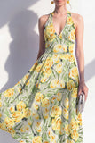 Halter Pink A-Line Printed Midi Floral Dress