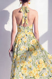 Halter Pink A-Line Printed Midi Floral Dress