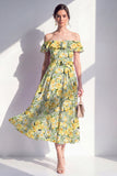 Green A-Line Off the Shoulder Midi Floral Dress with Ruffles