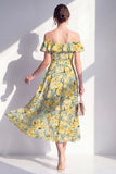 Green A-Line Off the Shoulder Midi Floral Dress with Ruffles