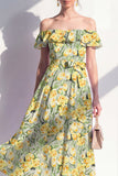 Green A-Line Off the Shoulder Midi Floral Dress with Ruffles