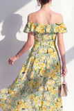 Green A-Line Off the Shoulder Midi Floral Dress with Ruffles