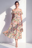 Green A-Line Off the Shoulder Midi Floral Dress with Ruffles
