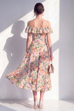 Green A-Line Off the Shoulder Midi Floral Dress with Ruffles