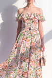 Green A-Line Off the Shoulder Midi Floral Dress with Ruffles