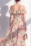 Green A-Line Off the Shoulder Midi Floral Dress with Ruffles