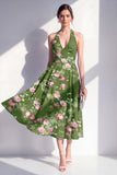 Dark Green Halter A-Line Open Back Midi Floral Dress