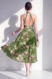 Dark Green Halter A-Line Open Back Midi Floral Dress