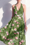 Dark Green Halter A-Line Open Back Midi Floral Dress