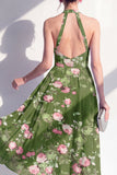 Dark Green Halter A-Line Open Back Midi Floral Dress
