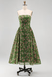 Strapless Dark Green A-Line Midi Floral Dress