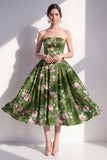 Strapless Dark Green A-Line Midi Floral Dress