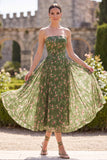 Strapless Dark Green A-Line Midi Floral Dress