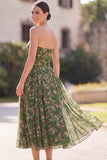 Strapless Dark Green A-Line Midi Floral Dress
