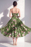 Strapless Dark Green A-Line Midi Floral Dress