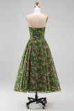 Strapless Dark Green A-Line Midi Floral Dress