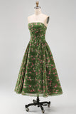 Strapless Dark Green A-Line Midi Floral Dress