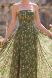 Strapless Dark Green A-Line Midi Floral Dress