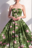 Strapless Dark Green A-Line Midi Floral Dress