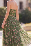 Strapless Dark Green A-Line Midi Floral Dress