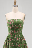 Strapless Dark Green A-Line Midi Floral Dress