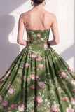 Strapless Dark Green A-Line Midi Floral Dress