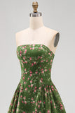 Strapless Dark Green A-Line Midi Floral Dress