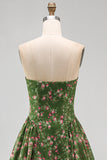 Strapless Dark Green A-Line Midi Floral Dress